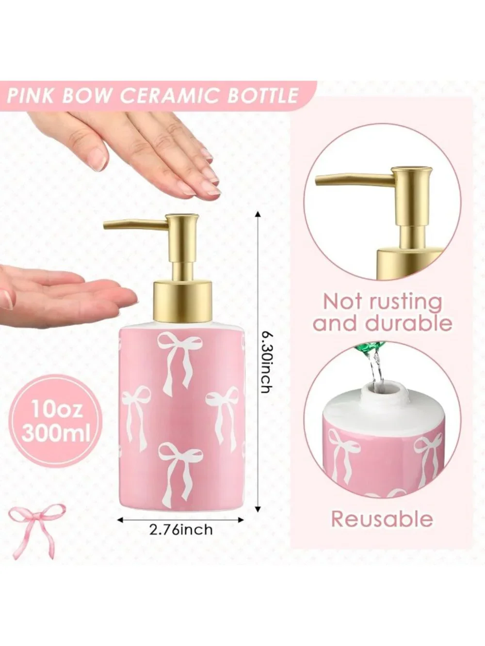 Cute Pink Bow Soap Dispenser - Ceramic Hand Pump, Rust-Proof, Preppy Bathroom